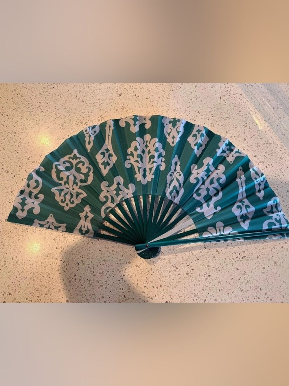 Casa Mercedes 13" Teal White Damask Folding Hand Fan Filipino Abanico Boxed